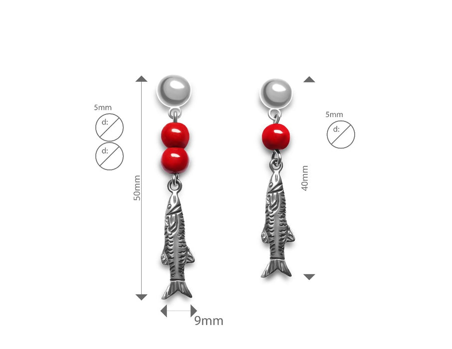 Fish fishing earrings. .925 silver and red marine bamboo beads