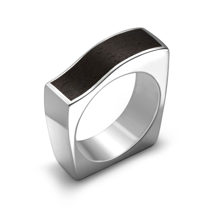 Tribute ring to Frank Gehry. .925 silver and cueramo wood